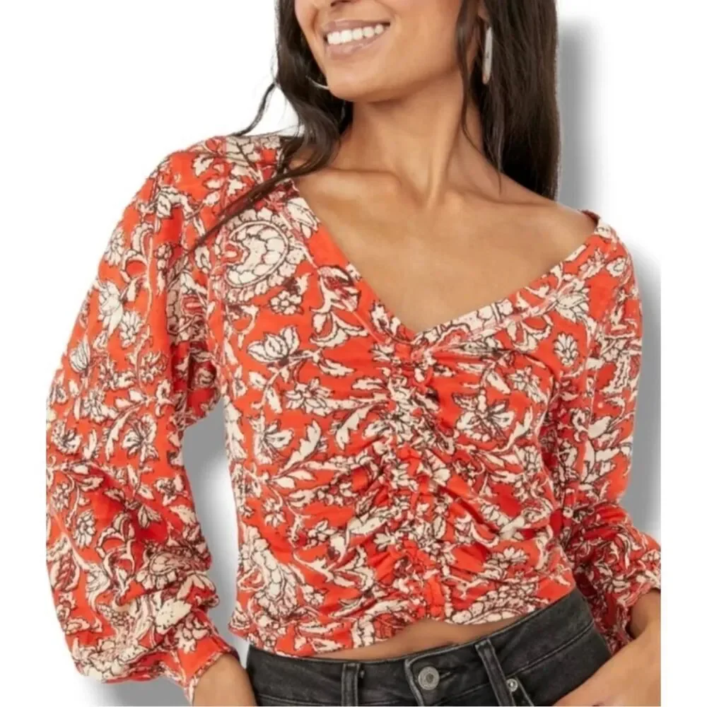 Free People Say The Word Orange Ruby Red Bohemian Peasant Floral Blouse Size Sma